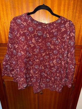 Massini Burgundy Floral Long-Sleeve Blouse